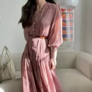 여성 봄 가을 브이넥 셔링 긴팔 드레스 롱 원피스 핑크