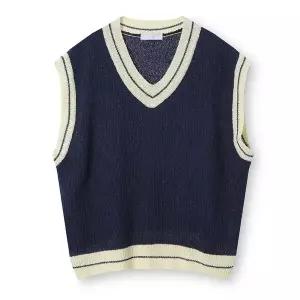 [리빌모아]남자 간절기 오버핏 배색 브이넥 니트 베스트 AC-VES-Q014-네이비