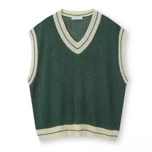 [리빌모아]남자 간절기 오버핏 배색 브이넥 니트 베스트 AC-VES-Q014-그린