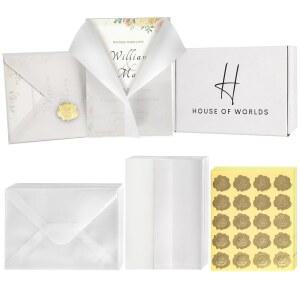 5x7 초대장용 벨럼 재킷 300팩 세트 포함: 재킷 100개, 벨럼 봉투 100개, 씰 스티커 100개. 청첩장 액세서리 키트. 접이식 초대장 슬리브 사용하기 쉽습니다