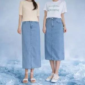 [크로벨디]슬림한 라인 뒤트임 아이스 데님스커트 숏기본 _P420876042