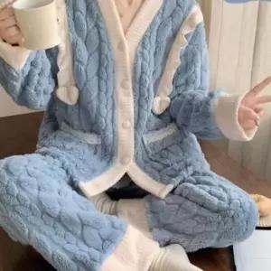극세사잠옷 두꺼운 겨울 극세사 수면 잠옷 여성 주니어 파자마 홈웨어
