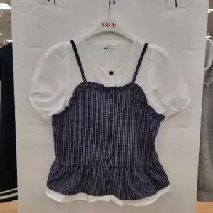 HC22 4부 체크 뷔스티에 블라우스 여아 여름용 네이비 체크 슬림핏 블라우스