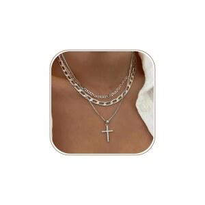 여성용 크로스 목걸이, 스태킹 가능한 레이어드 목걸이 고급 금 종이 클립 박스 플랫 마리너 체인 펜던트 CZ 다이아몬드 심플 주얼리 선물