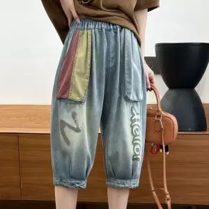 손오천 여친 여름 빈티지 아플리케 청바지 트렌드 자수 데일리룩 밴딩 7부 KUK2