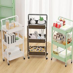 무조립 완제품 접이식 철제 3단 트롤리 튼튼한 손잡이 트롤리 이동식 선반 소품 정리대 틈새 회전 카트