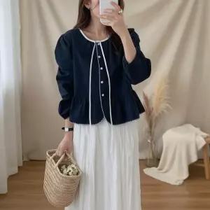 [옷자락]여성 벚꽃 데이룩 리본 배색 프릴 면 블라우스