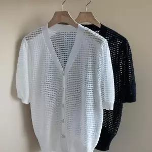 [하프클럽/]여성 시스루 브이넥 반팔 가디건 진주 버튼 와플 디자인