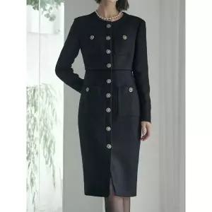 [하프클럽/]골드버튼 아웃포켓 라운드넥 미디 원피스