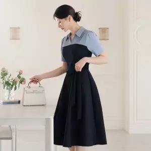 XXL까지) 기장선택) 솔리에 배색 카라 리본끈 플레어 원피스 여름 하객룩 오피스룩 모임룩 격식룩 빅사이즈