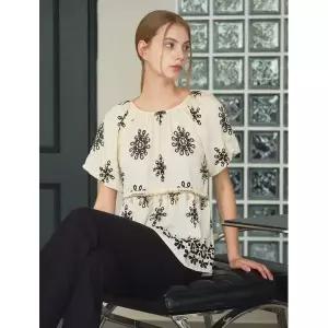 [하프클럽/GGPX]자개 포인트 에스닉 코튼 반팔 블라우스 (GPBBA049D)