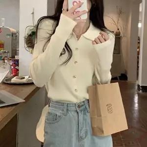 [ERA] 여성용멀티컬러 스탠다드 부드러운 폴로카라 골드버튼 니트집업