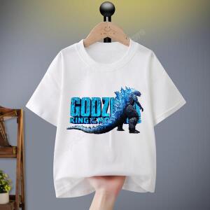어린이위한 고질라 티셔츠 코튼 귀여운 만화 블랙 화이트 애니메이션 피규어 반팔 소년 느슨한 의류 키즈
