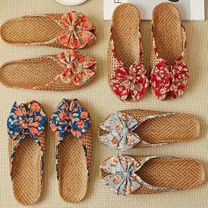 JUN팩토리 여성 남자 라탄 린넨 등나무로즈리본 왕골슬리퍼 여름 거실용 실내화