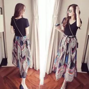 쉬폰 페이즐리 스커트 블랙 v넥 반팔티 일체형 투피스