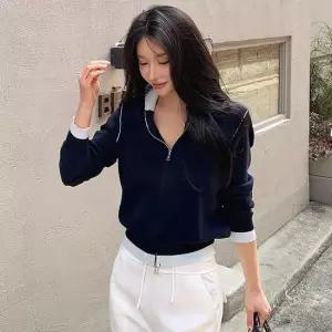 [미나그램] 데닐 하이넥 배색 투지퍼 집업가디건