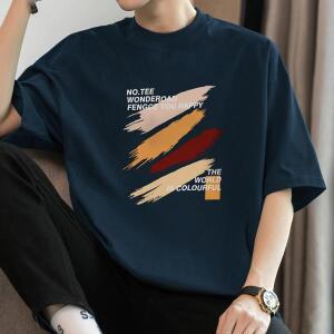 헤비웨이트 코튼 티셔츠 남성용 반팔 프린트 루즈핏 라운드넥 통기성 캐주얼 면 폴리에스터 혼방 여름 상의