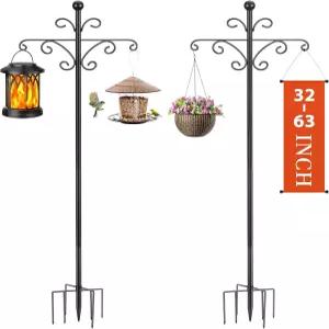 야외용 베이우타오 버드 피더 폴 63인치 조절 가능한 키 큰 목자 후크 2팩 7개의 갈래 베이스 더블 블랙