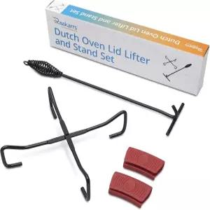 RAAKARRS 네덜란드 오븐 뚜껑 터 접이식 스탠드 세트 - 실리콘 그립이 있는 튼튼한 강철 들어 올리고