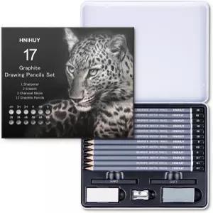 HNIHUY 프로페셔널 스케치 연필 세트 17개 흑연 지우개 및 샤프너 아티스트 초보 아트 드로잉