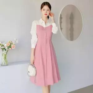 ~XXL까지 코르엔 셔츠 레이어드 플레어 원피스 봄 가을 하객룩 오피스룩 모임룩 격식룩 빅사이즈1214567