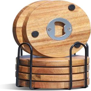 병따개 홀더가 있는 음료용 WLWWFT 우드코스터 6종 세트 미끄럼 방지 패드가 커피 테이블 식탁 책상용