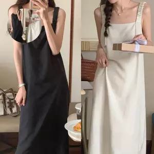 데일리 베이직 블랙 아이보리 뷔스티에 멜빵 롱원피스