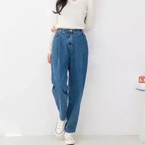 여자 진청 핀턱 오버핏 뒷밴딩 배기 데님 롤업 청바지 (HSJ-WD5A05C)