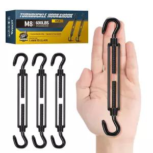 4Pcs M8 304 스테인리스 스틸 후크 및 턴버클 600파운드 용량의 헤비 듀티 블랙 와이어 로프 장력 선쉐이드