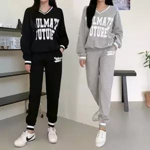 여성 봄 가을 88까지 면 나염 브이넥 맨투맨 조거팬츠 트레이닝 세트 PST0132S 빅사이즈 루즈핏