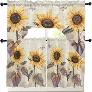 우아한 해바라기 주방 커튼 스웩 밸런스 및 티어 세트 36인치 길이 로드 포켓 드레이프 패널