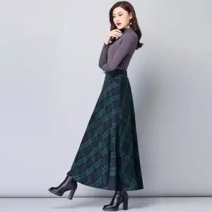 스커트 여성용 롱 모직 A라인 정장 체크 추동 원템3