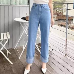 여성 롤업 청바지 데일리 스트레이트 일자 와이드 청바지 팬츠 세미