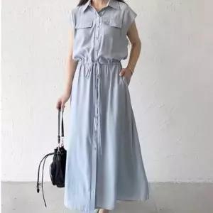 바캉스원피스 포켓 포인트 여름 민소매 카라 롱원피스 허리 조임끈