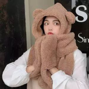 WL 양털 뽀글이 곰돌이 방한 모자 귀여운 목도리 목돌이 손넣는