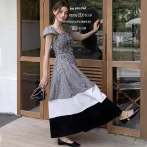 [SBD] 배색 체크 패턴 투톤 밴딩 스모크 원피스