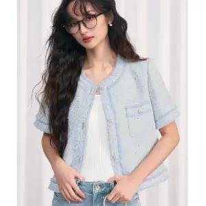 EAMT 여사친 여름 빈티지 코트 프렌치 샤오샹 블루 트위드 핸드메이드 기모 반팔 EUNG2