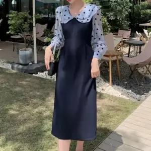 도트패턴 쉬폰소매 블라우스 단정 H라인 원피스 이중