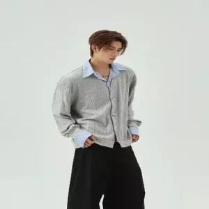 남자 니트 투피스 페이크 러시 스웨터 스트라이프 브이넥 OP1