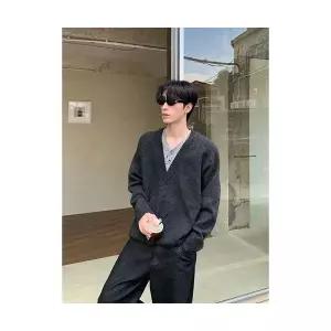 남성 니트 차콜 V넥 페이크 투피스 코트 가을 OP3