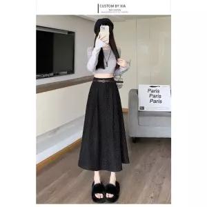 여성용 정장 스커트 모직 도트 주름 A라인 우산 미디 KS1