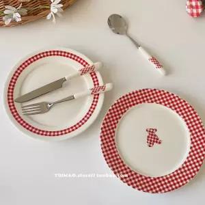 레드 접시 빈티지 체크 사이드 8인치 프렌치 귀여운 플랫