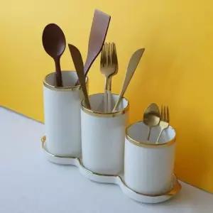 조리도구꽂이 골드라인 화이트 도자기 물빠짐 수저통 수저꽂이 1P