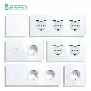 전등소켓 BSEED 터치 라이트 스위치 USB Type-C 크리스탈 유리 패널 EU 벽 소켓 화이트 콘센트 123Gang