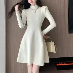 [SBD] 플레어 골지 퍼프 어깨 니트원피스 셔링 반폴라 라인