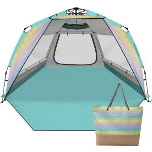 카와게보 캠프 비치 텐트 4-6인용 선 쉘터 - 팝업 비치 텐트 UPF 50 자외선 차단, 가볍고 간편한 설치 카바나, 3개의 환기 창문이 있는 가능한 바닥, 휴대용 가방