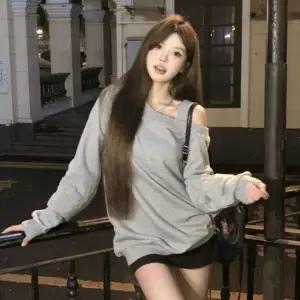 여성 언발 어깨트임 한쪽 오프숄더 맨투맨 루즈핏 여리여리 긴팔