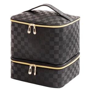 KGMCARE 휴대용 매니큐어 정리 가방 UV 라이트 케이스 - 30병과 네일 램프 1개, 젤 키트용 이중 레이어 드라이어 케이스, 아트 장식 체크 블랙 포함