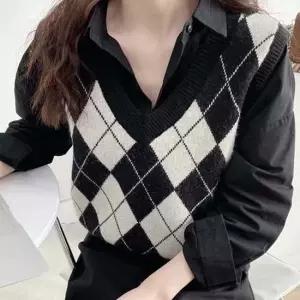 여성 아가일 마름모패턴 v넥 니트 조끼 레이어드 쪼끼
