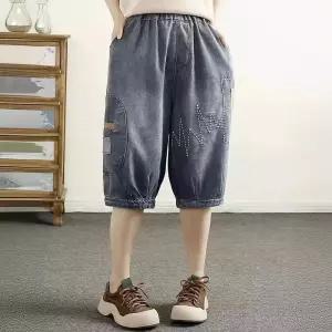 마킷3 여성 청바지 숏 청반바지 캐주얼 워싱 순면 청 여름 허리 밴딩 패치 5부 반 JEN2